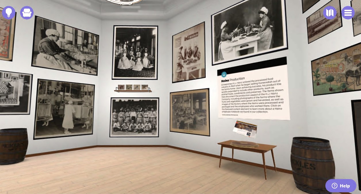 S2 Virtual space with wood floor, white walls, and black-and-white images on the walls