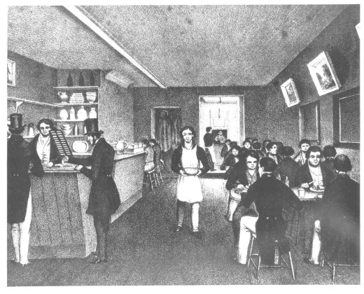 William H. Ladd’s Eating House, Boston, about 1840 Black-and-white image of people seated at tables and standing at a bar, eating and drinking