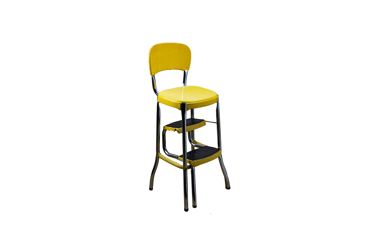 Yellow Cosco Highchair with steps used in the Jackson Family Home, after conservation treatment. / THF803856 
