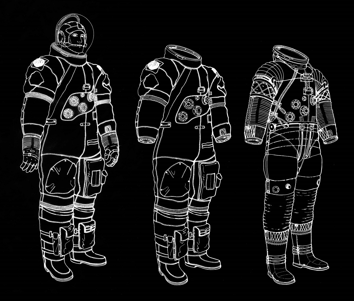 Apollo 11 spacesuit final drawings from ILC Dover Three white line drawings of spacesuits against a black background