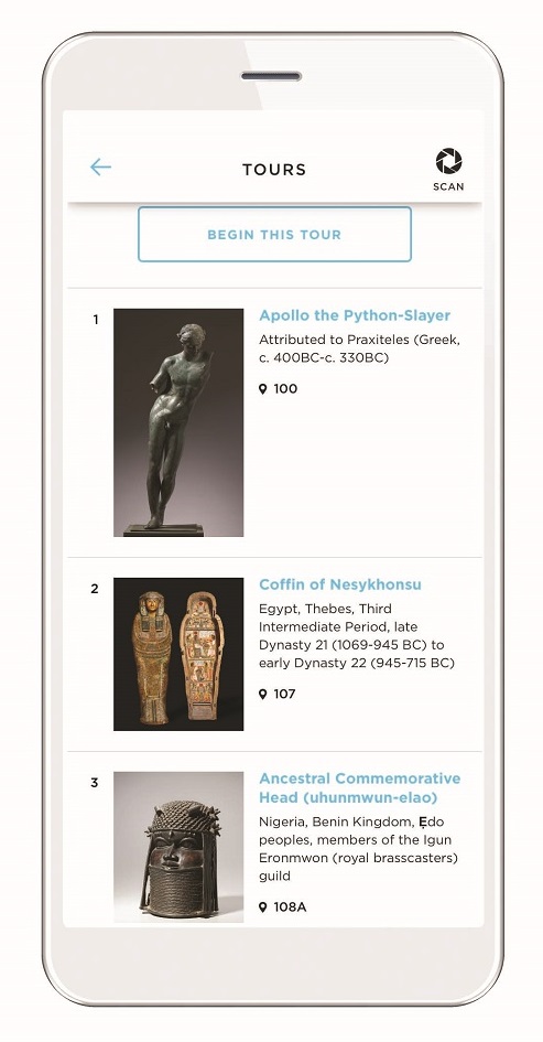 Image of white smartphone with screen showing several artworks with text about each