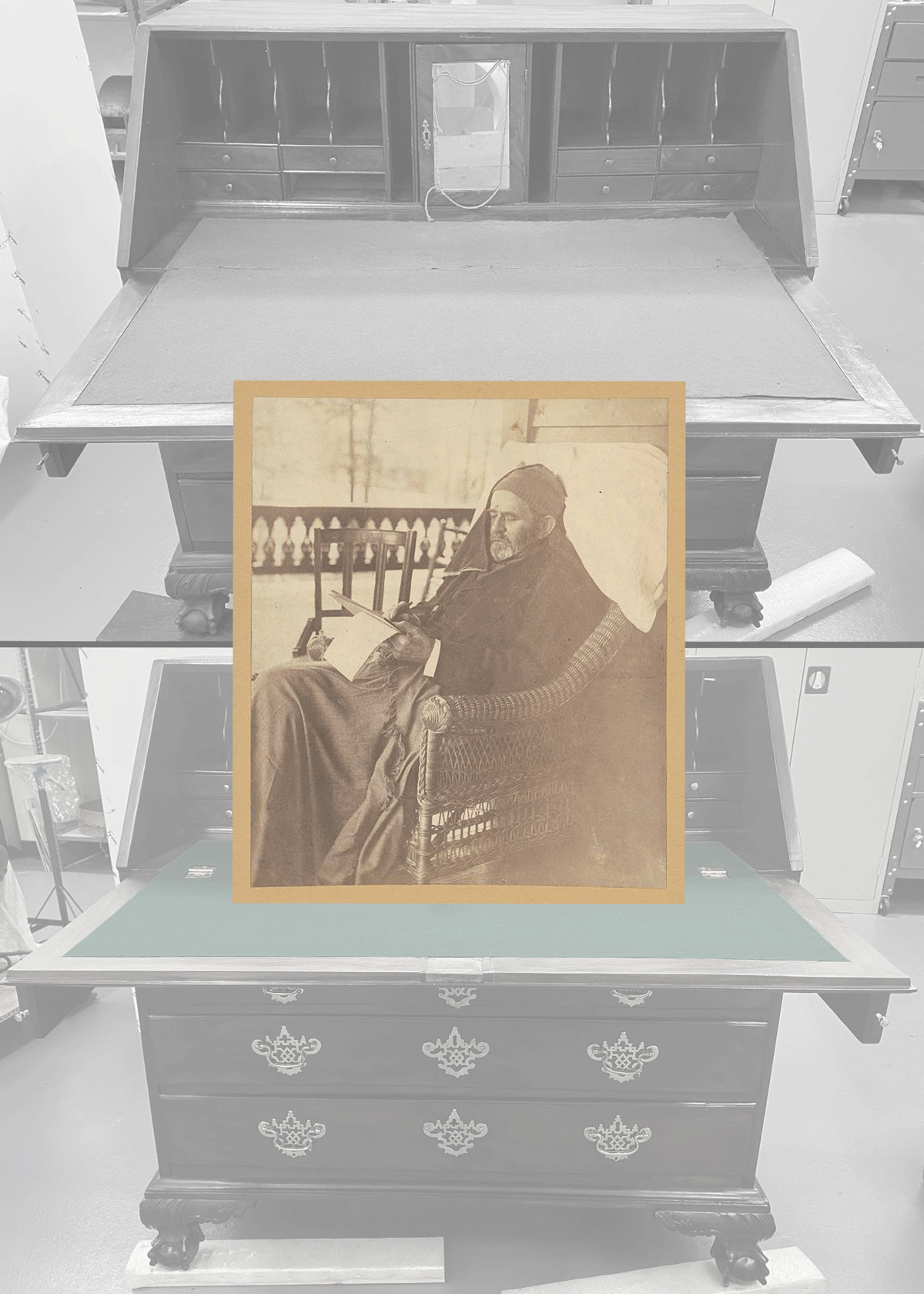 Grant-writing-his-memoirs Background showing a sneak peek of the conservation treatment of Gen. Ulysses S. Grant’s desk.