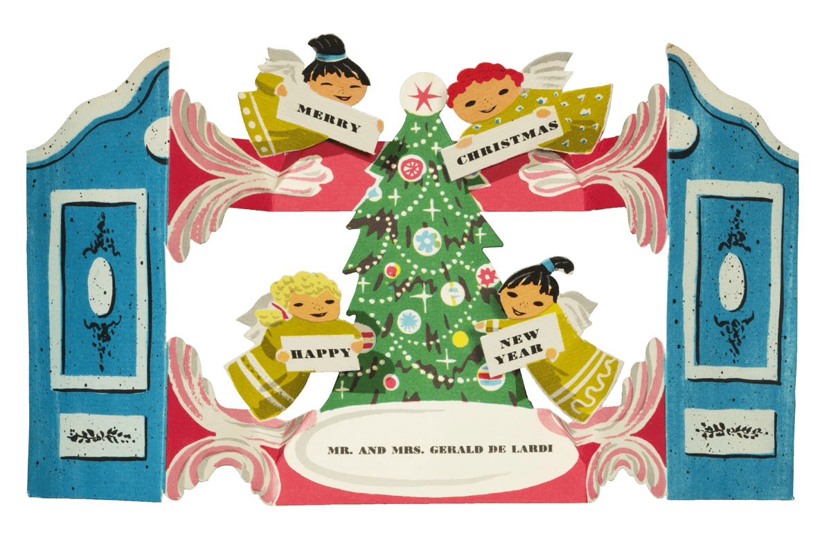 Blue doors that open to reveal a Christmas tree with four angels floating around it holding signs with text