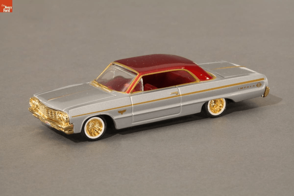 1964 Chevrolet Impala, 1976 Chevrolet Monte Carlo, and 1984 Cadillac de Ville lowrider collectibles, 2000–2003 GIF cycling through three images of toy cars, all with decorative detailing