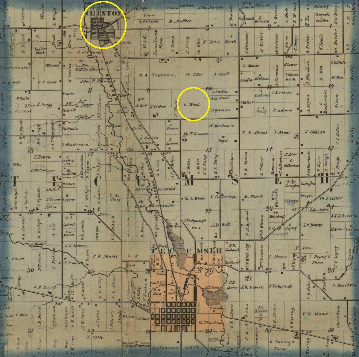 1857 map of portion of Tecumseh Township Map labelled TECUMSEH with two yellow circles, one around a plot labeled