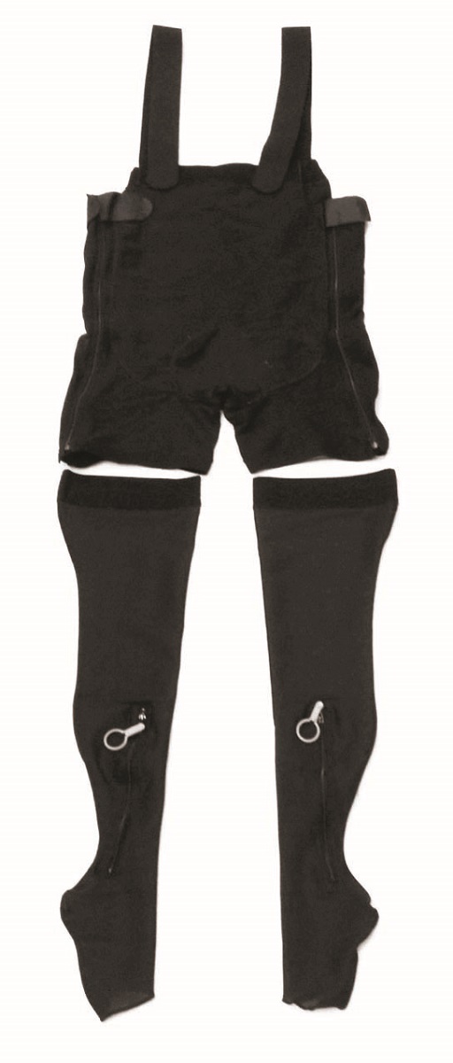 Essity's compression suit for astronauts Black overalls with shorts and long compression stockings with silver zipper pulls