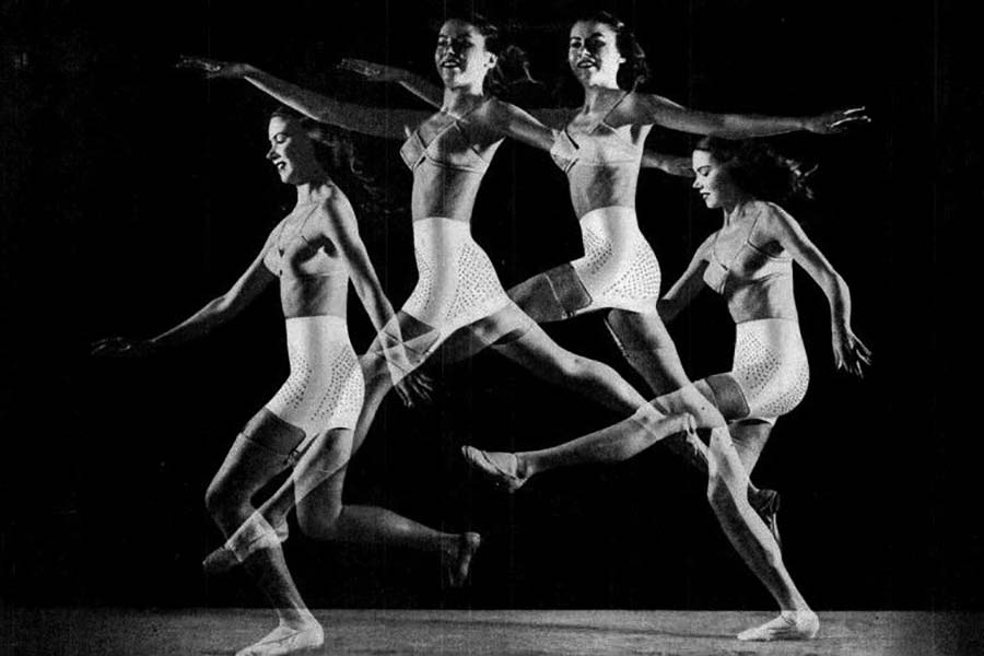 Playtex girdle advertisement Composite black-and-white image of a woman in bra and girdle leaping through four positions