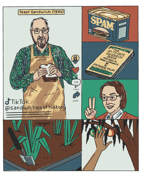 RecipeReboot_illustration_2 Illustration of a man holding a yeast sandwich, a can of spam, a sandwich how to book, a women signaling