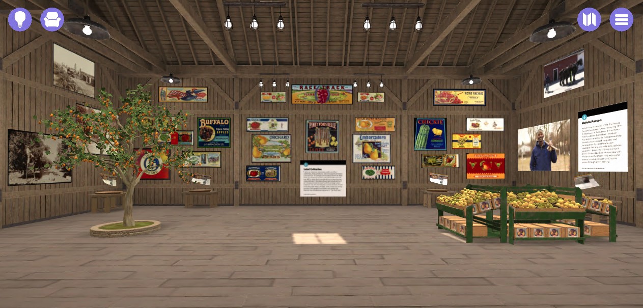View of The Henry Ford's Entrepreneurship Sagan Virtual Space Virtual barn-like space with many colorful images on the walls, with fruit tree & crates as well