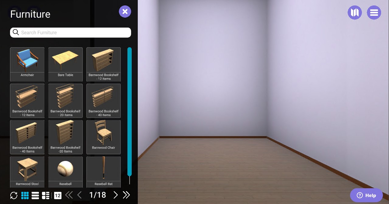 Furniture Options for a Saganworks Empty virtual room on right;
