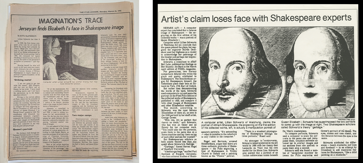 Two clippings from a newspaper featuring Lillian Schwartz and Shakespear