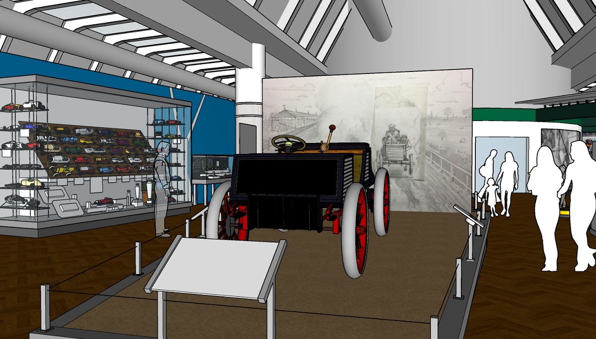 Sweepstakes imagined within Driven to Win in Sketchup Rendering of car on ramp with toy cars nearby and images and outlines of people nearby