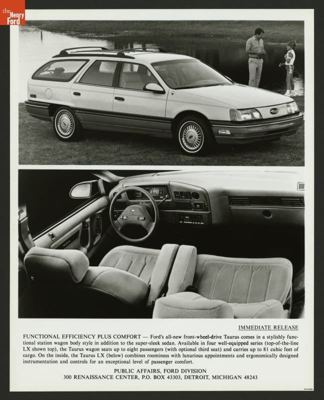 Press Release Views of 1986 Ford Taurus LX Page with text and two black-and-white photos: top showing a rounded station wagon parked by a pond with two people nearby, and the bottom showing the front seats and front dash of a car from above