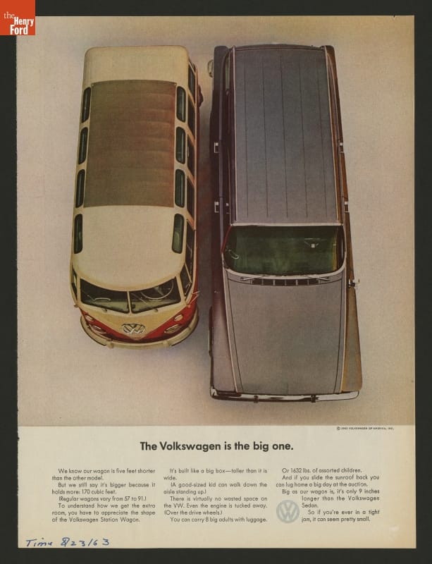 1963 Volkswagen Ad, Magazine advertisement page with aerial image of two vans and text at the bottom