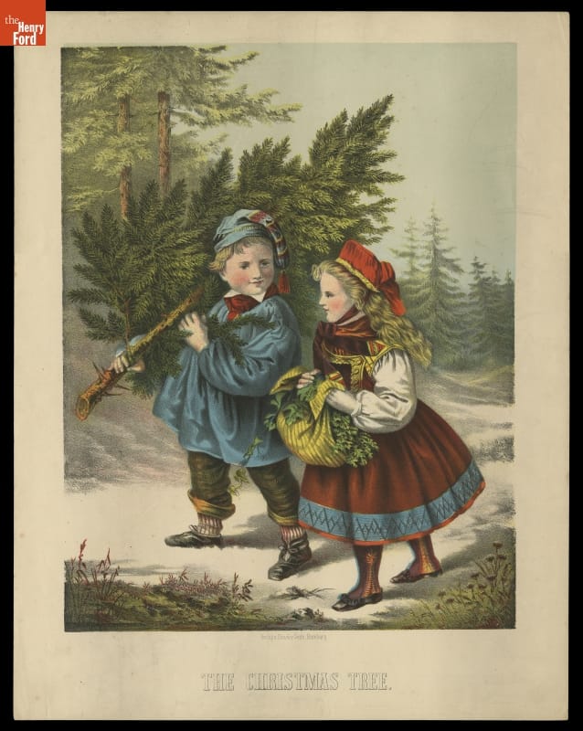 Color Lithograph, Snowy woods with young boy carrying evergreen tree and young girl carrying a bundle of greenery