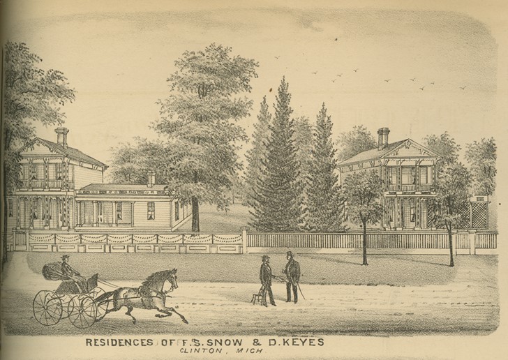 Combination Atlas Map of Lenawee County, Michigan, 1874 / page 44, detail Print of two large houses next to each other, with a street running in front with a horse and carriage on it and two men talking