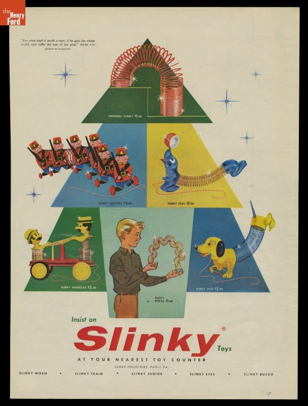 Advertisement for Slinky, Advertisement with tree shape containing blocks of color, each with various Slinky-based toy images and text