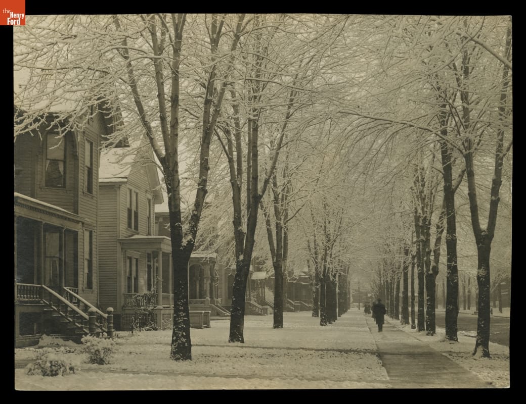 Winter Morning, Corner of Second and Canfield Avenues, Detroit, Michigan, circa 1905 Street scene looking down sidewalk lined with a row of delicate snow-covered trees on either side; houses in a row down one side