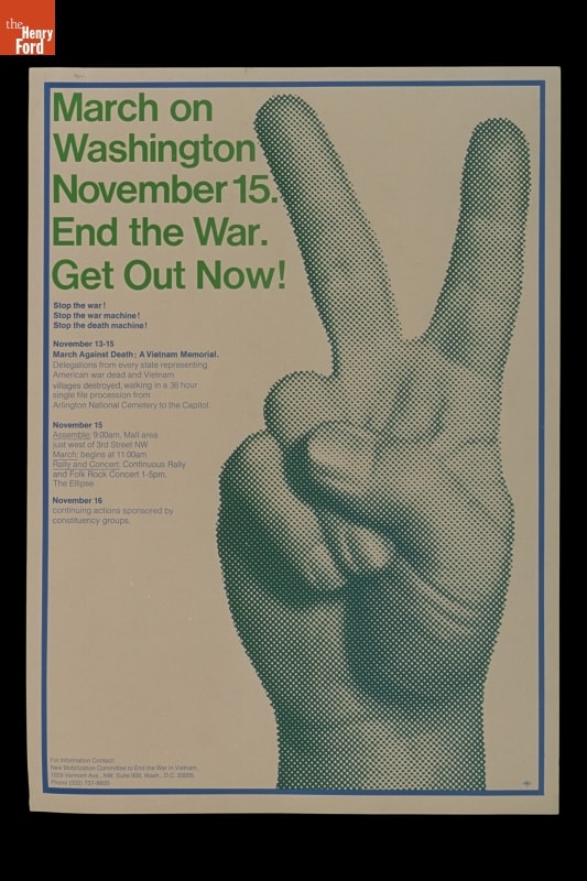 Vietnam War Protest Poster, Poster with text and hand held up with fingers forming a