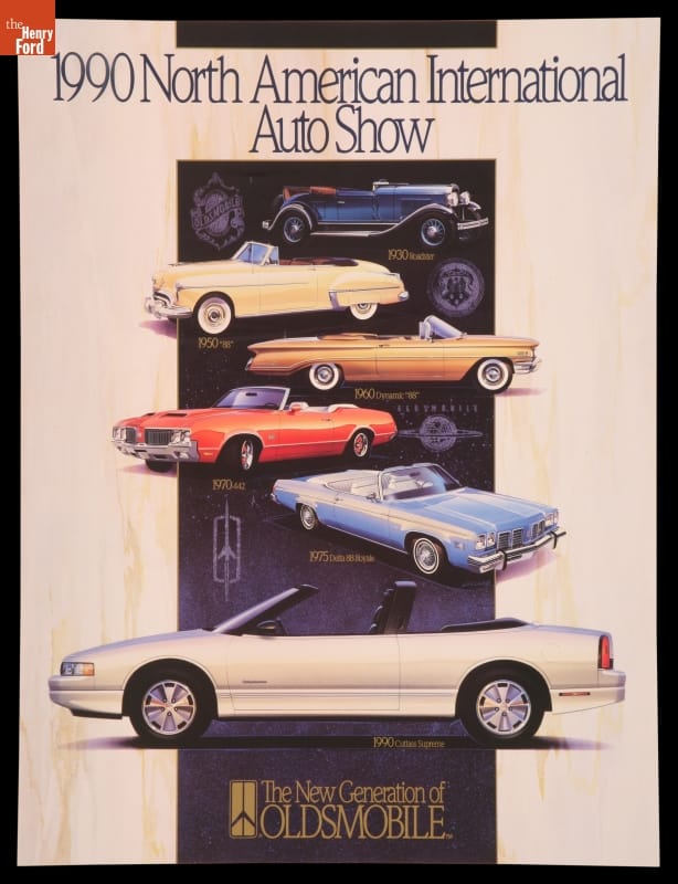 Several images of cars on a black band on a white background; contains text