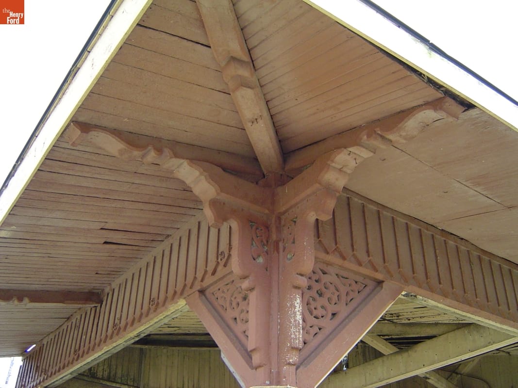 Dismantling the Riding Stable (Originally the Detroit Central Market Building) at Belle Isle, Detroit, Michigan, 2003 Detail looking up into corner of open building showing architectural details