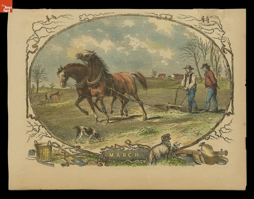 Oval illustration showing two horses and two men plowing a field with another team and farmhouse in the background; contains text 
