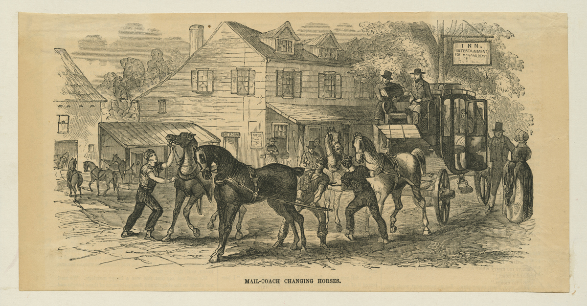 Mail Coaches Changing Horses at a New England Tavern, 1855 Two-story building with horses, carriages, and people in front of it and other buildings nearby