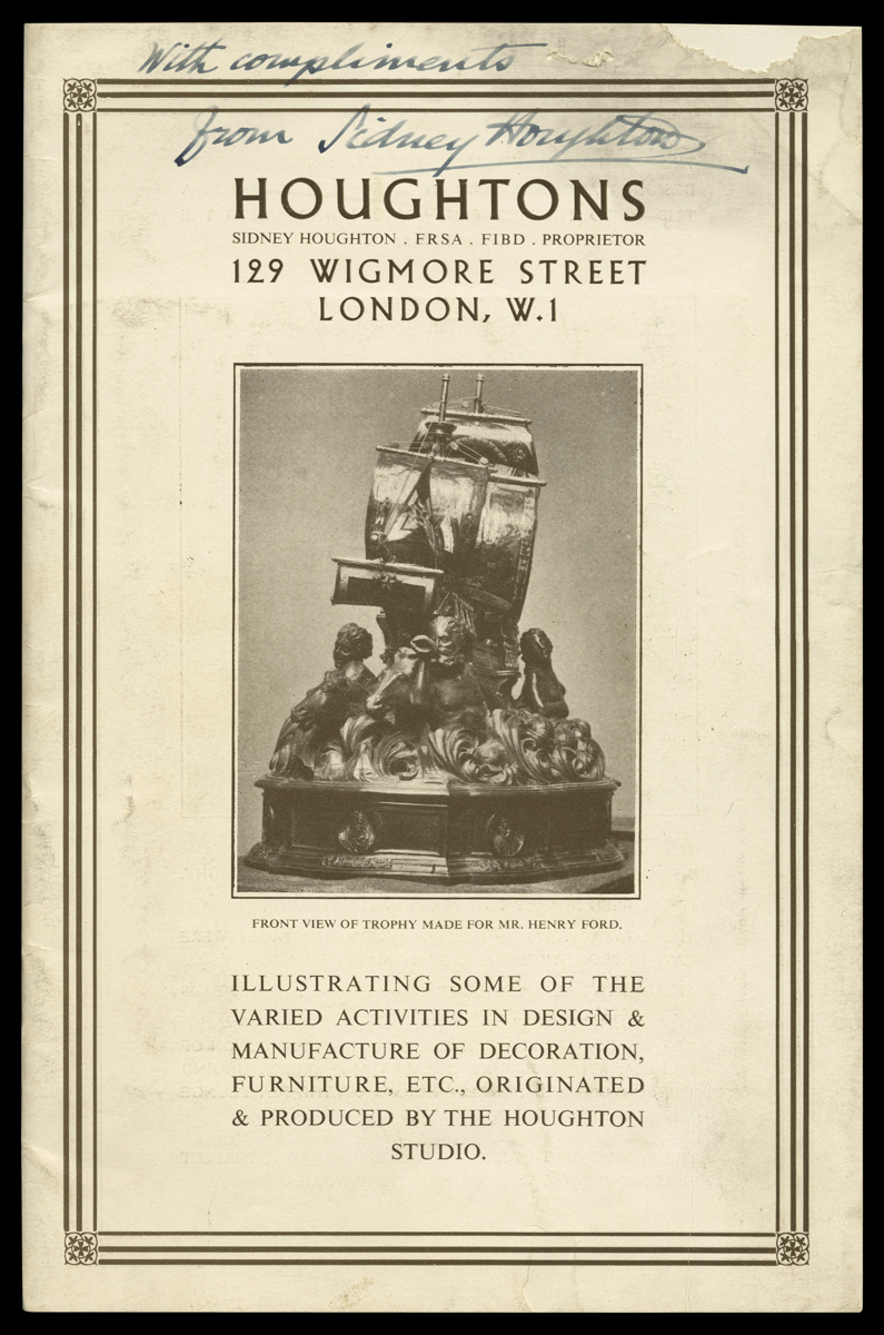 Houghton Studio Catalog, Page with text and image of sculpture of ship surrounded by human figures in the waves, one sounding a conch-shell horn