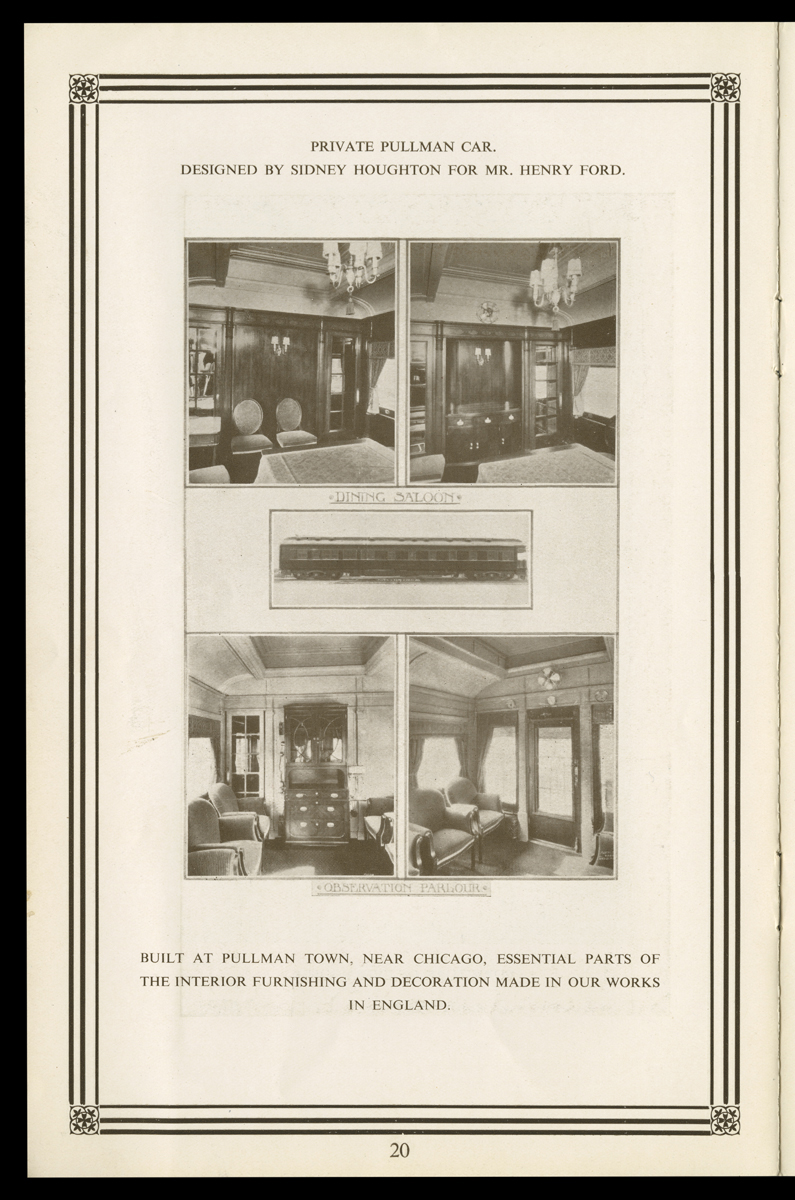 Houghton Studio Catalog, Page with text, image of rail car, and four interior room shots