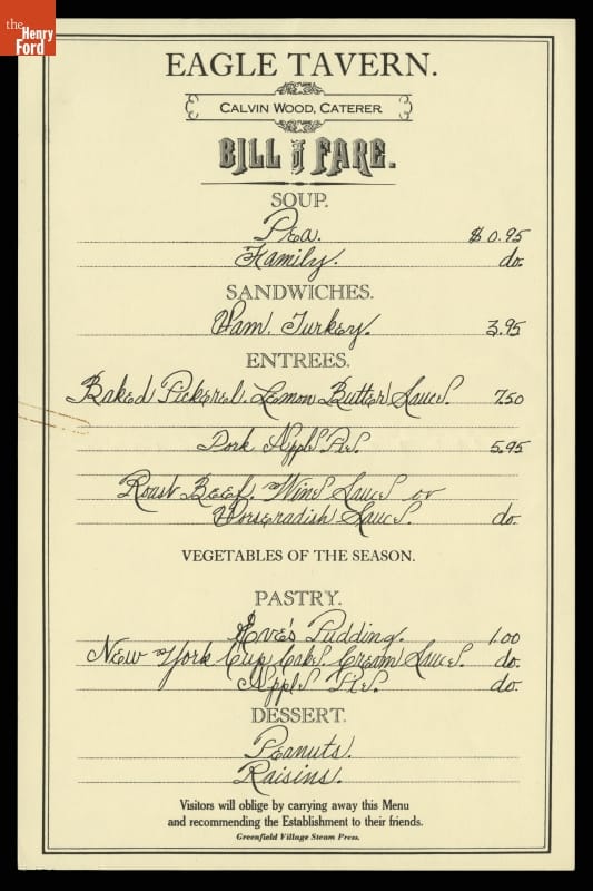 Menu from Eagle Tavern, Greenfield Village, 1982, Menu with some printed and some hand-written text