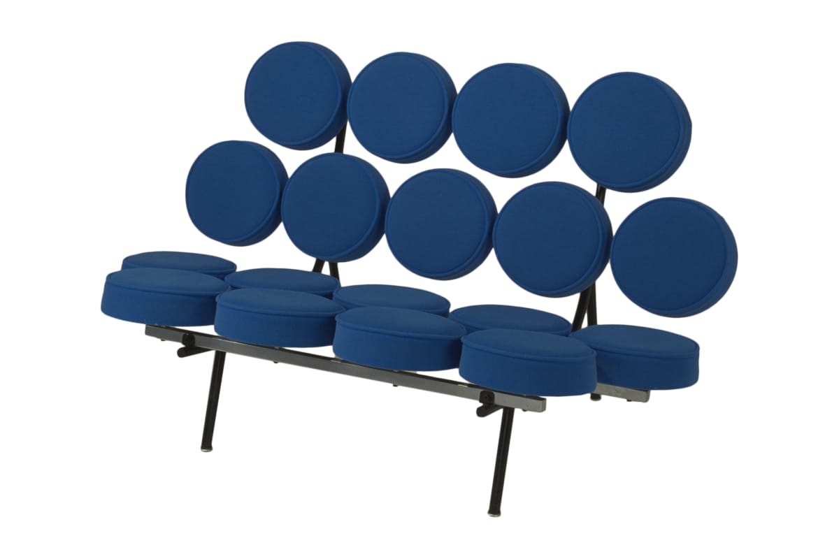 Marshmallow Love Seat, 1956-1965 Love seat with minimal metal frame and seat and back each composed of nine blue fabric-covered rounds