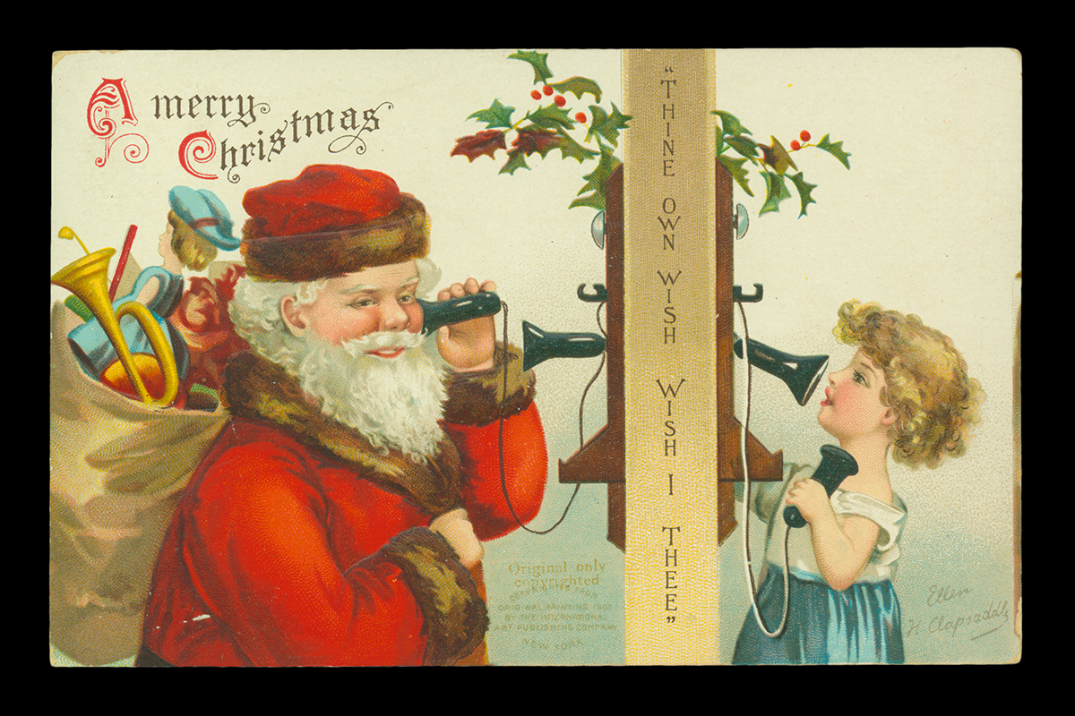 Postcard, Postcard with Santa with sack of toys on his back on left side and young child on right side, talking to each other on old-fashioned telephones; also contains text