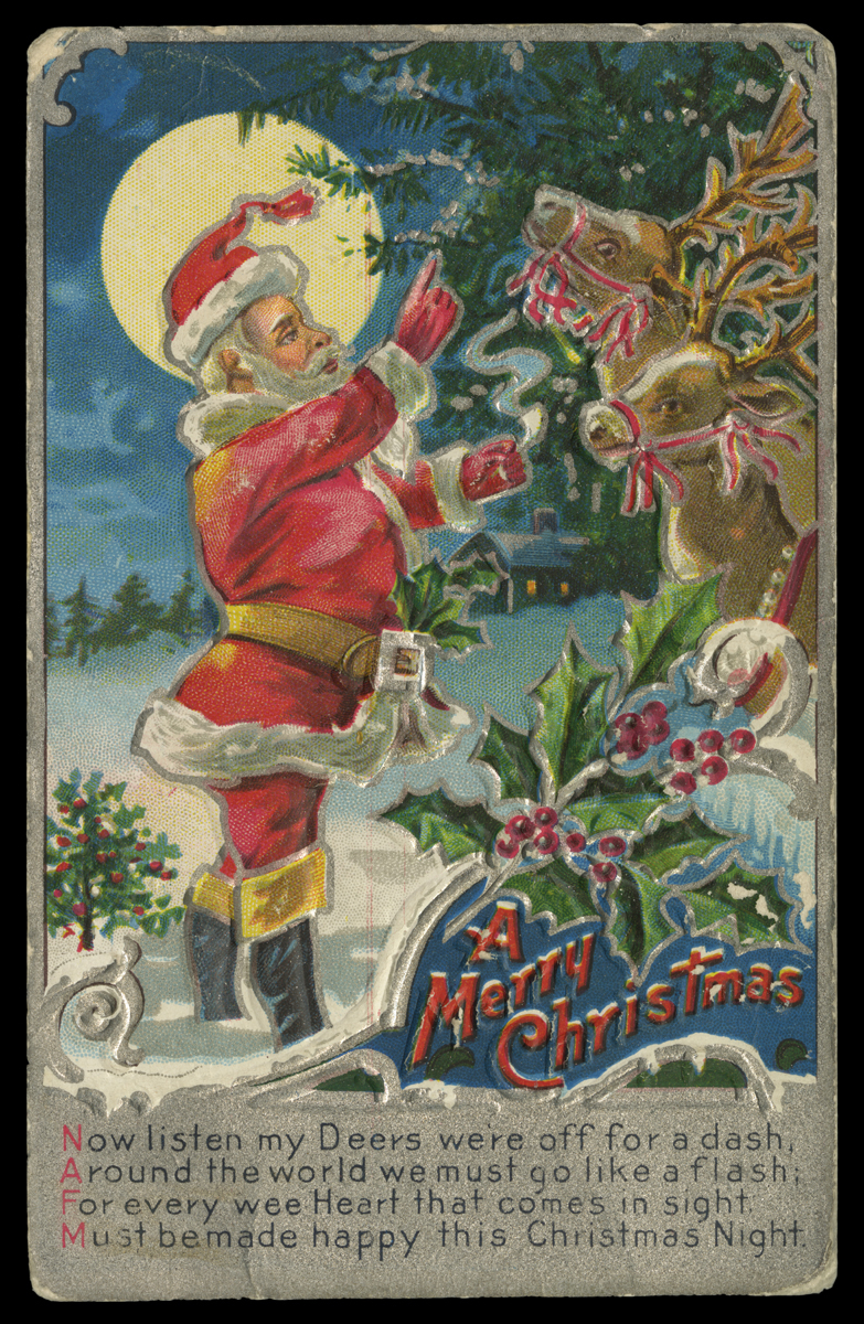 Christmas Greeting Postcard, Santa with Reindeer, Vertical postcard with text and image of Santa holding his hands out to two reindeer