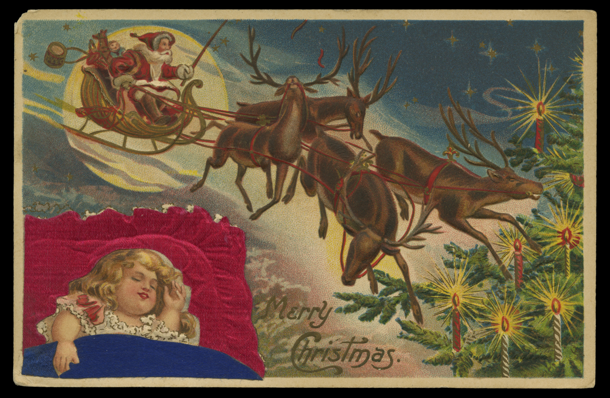 Christmas Greeting Postcard, Santa and Reindeer Dream by Sleeping Child, Postcard with Santa in sleigh being pulled by four reindeer; also contains a Christmas tree and child sleeping