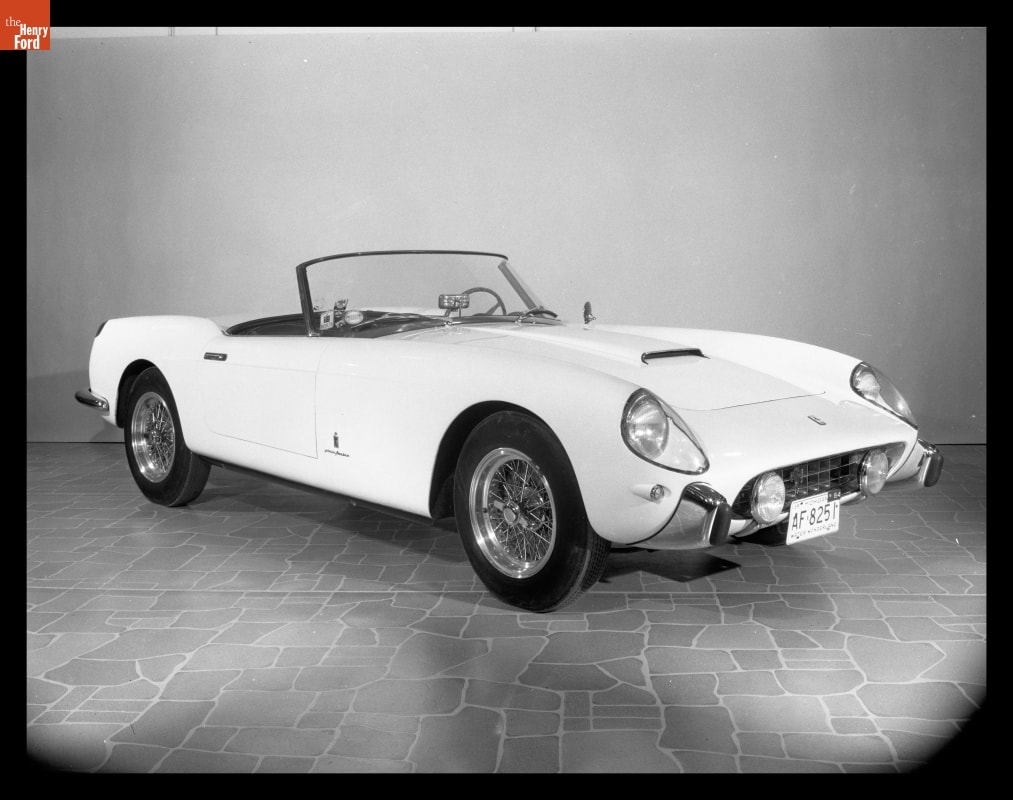 1958 Ferrari California Featured in the Black-and-white photo of sleek light-colored convertible sportscar