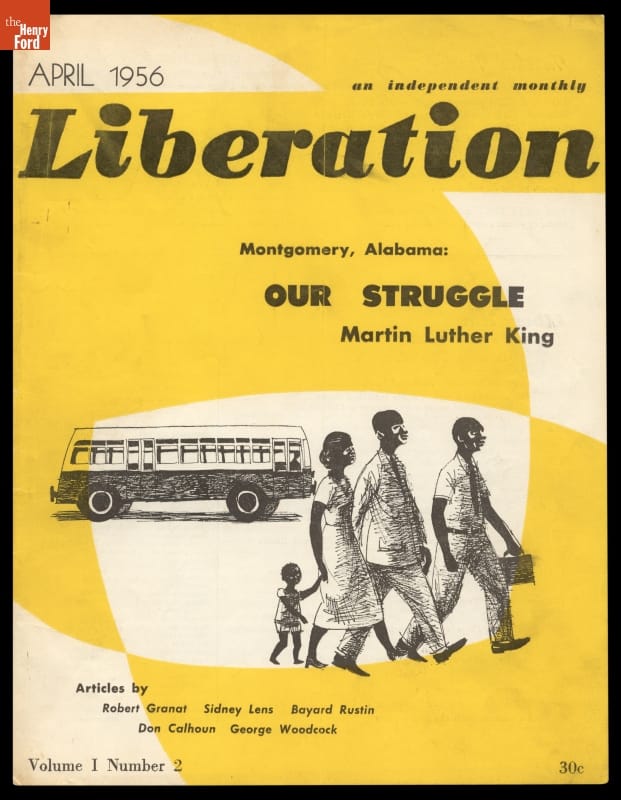 Periodical, Magazine cover with yellow and white background, text, and image of three adults and one child walking in foreground with bus in background