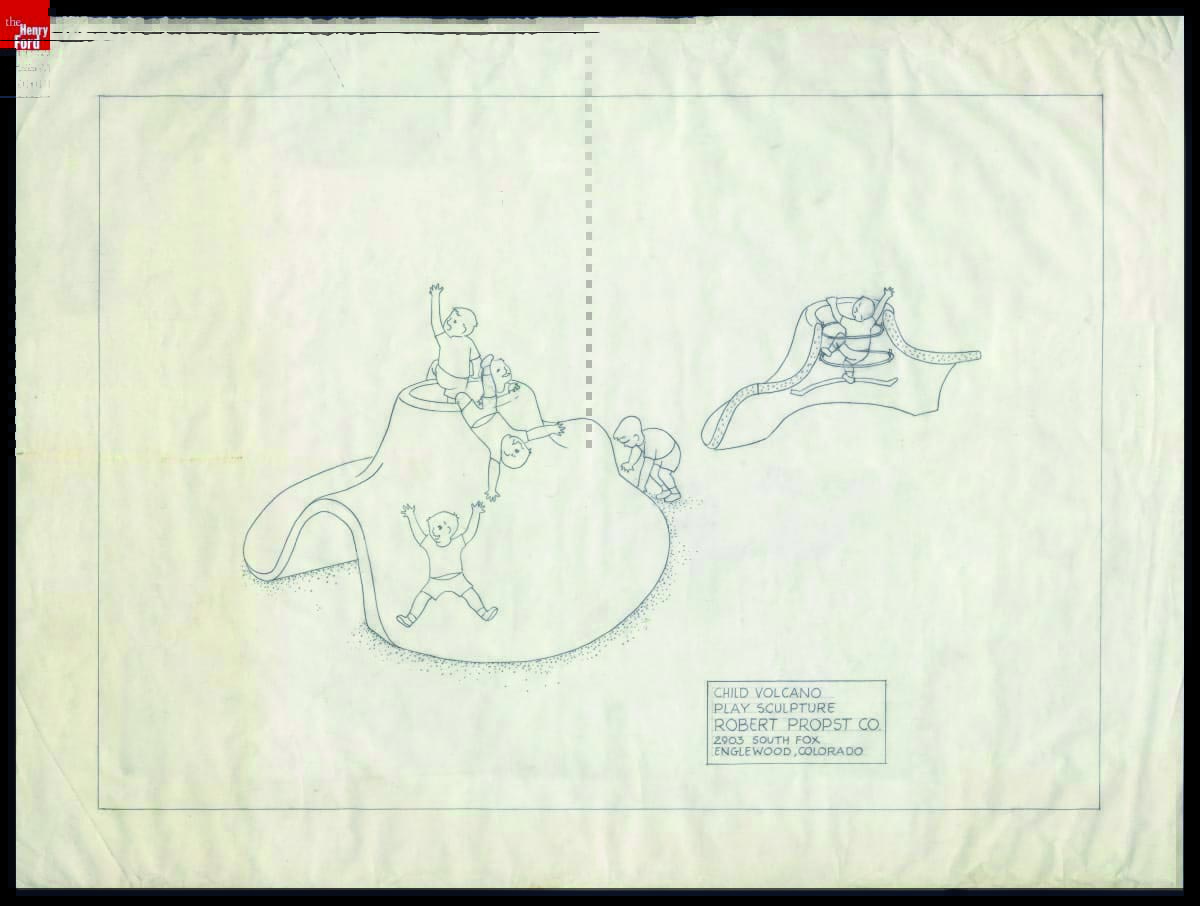 Drawing, Design line drawing of a organic, sort of dome-shaped structure with an opening at the cone-like top and openings on either side, with children playing on/in it; also contains text