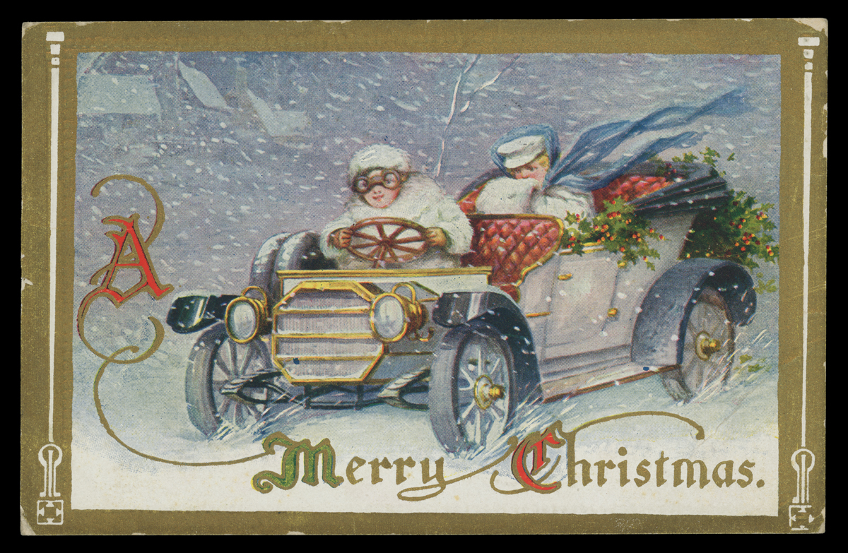 Christmas Greeting Postcard, Postcard of two people in an open car driving through snow