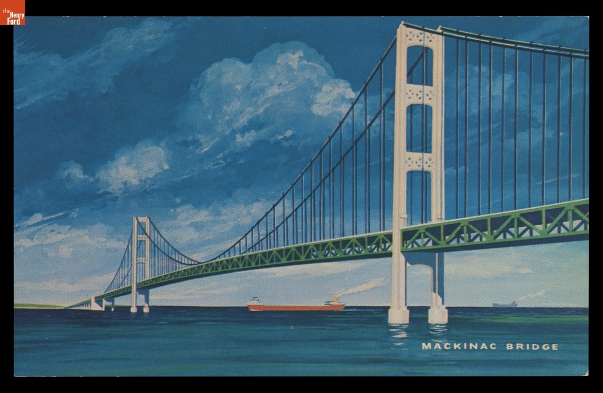 Postcard, Mackinac Straits Bridge, circa 1957 Long white suspension bridge over bright blue water