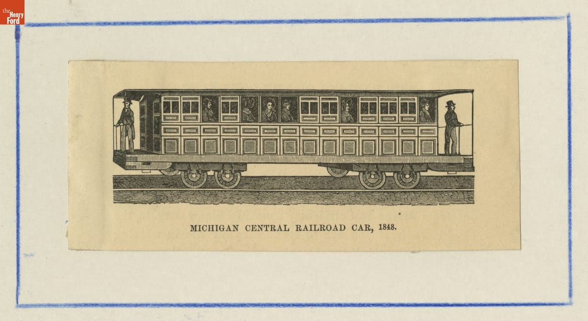Michigan Central Railroad Car, 1848 Engraving of railroad car with people visible at front and back and through the windows