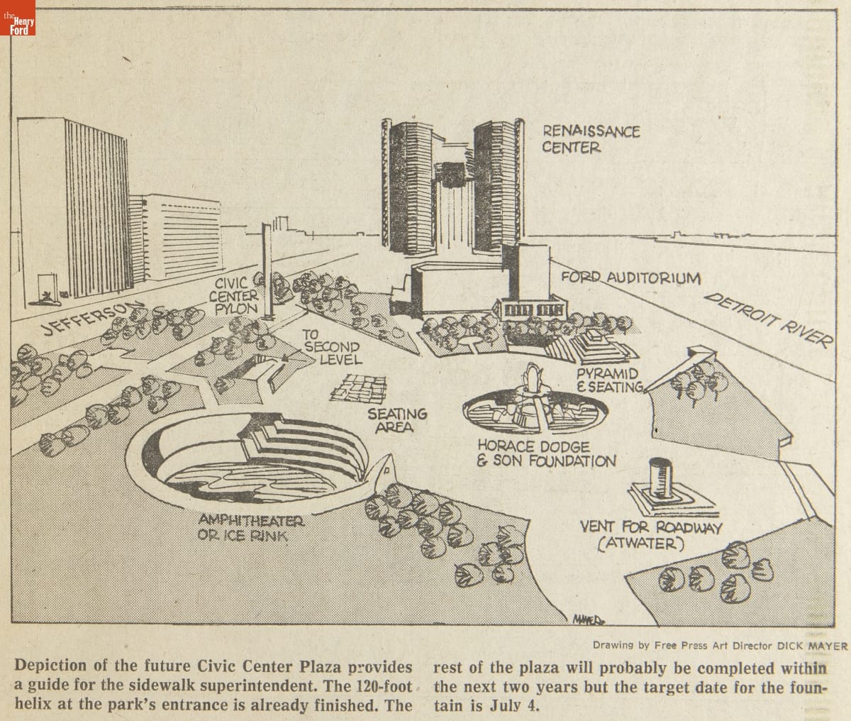 Detroit Free Press Article, Rendering of urban park by river and buildings, with features such as amphitheater and fountain labeled