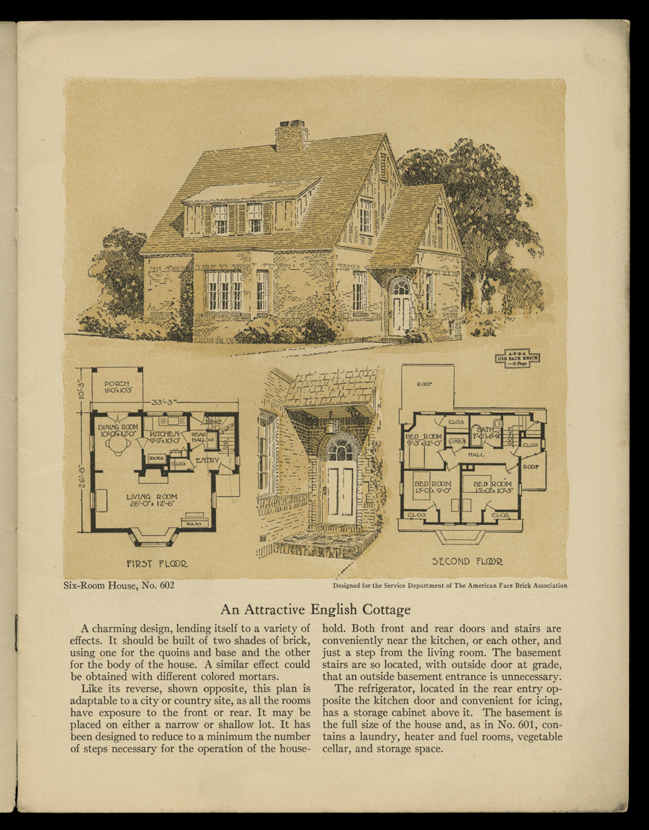 Face Brick Bungalow and Small House Plans, 1921 / No. 602 Page with image of house, floor plan, and text