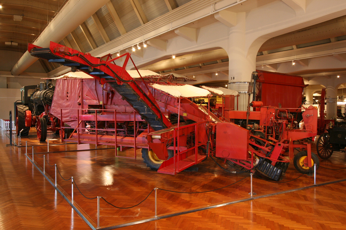 FMC Tomato Harvester, 1969 Large red farm machine in museum exhibit