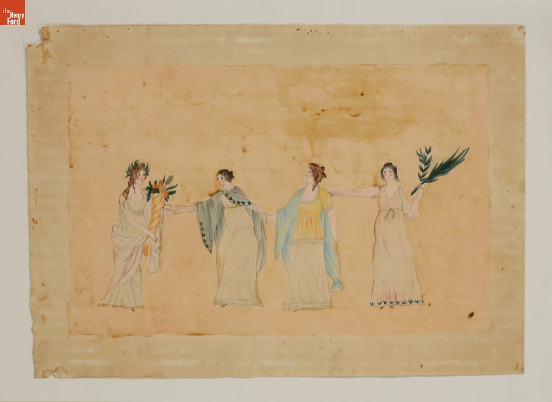 Women in Classical Dress, 1790-1810 Painting of four women in flowing white gowns; one holds a cornucopia and one two plant fronds