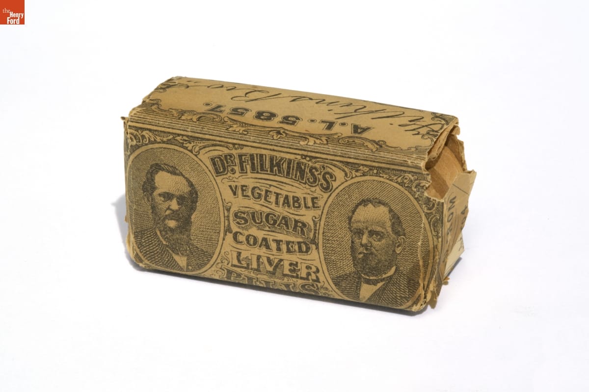 Rectangular brown paper package with decorative elements and text, along with two images of men's faces