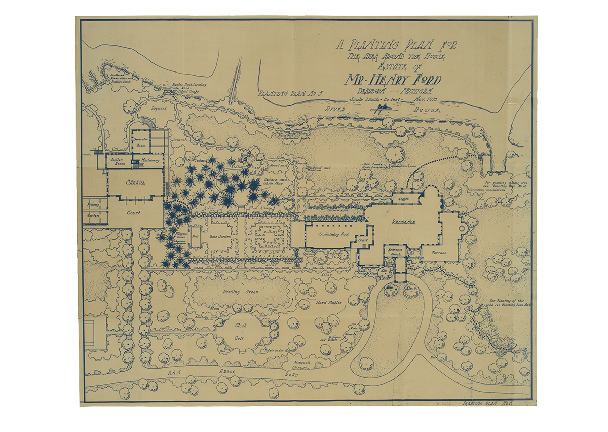 Landscape Architecture Drawing for Fair Lane, Blueprint showing aerial layout of large house and extensive gardens