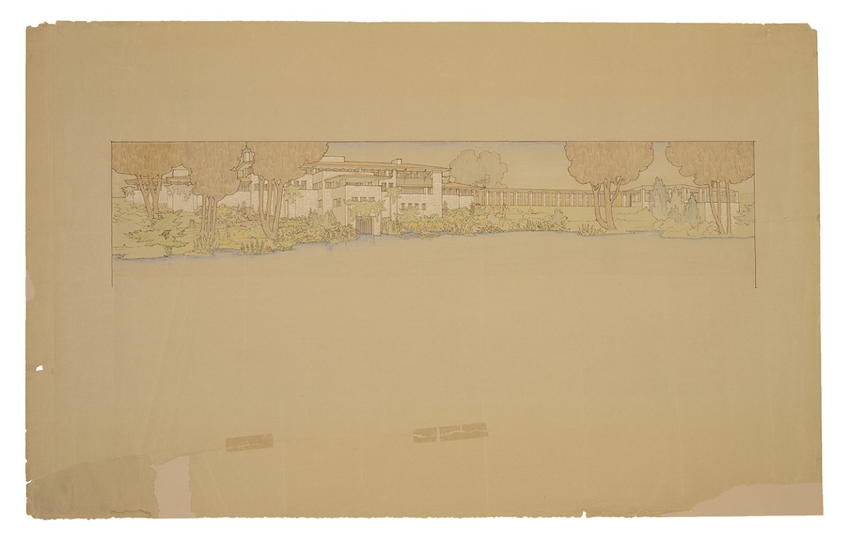 Architectural Rendering, Drawing of large white house with trees and other greenery in front