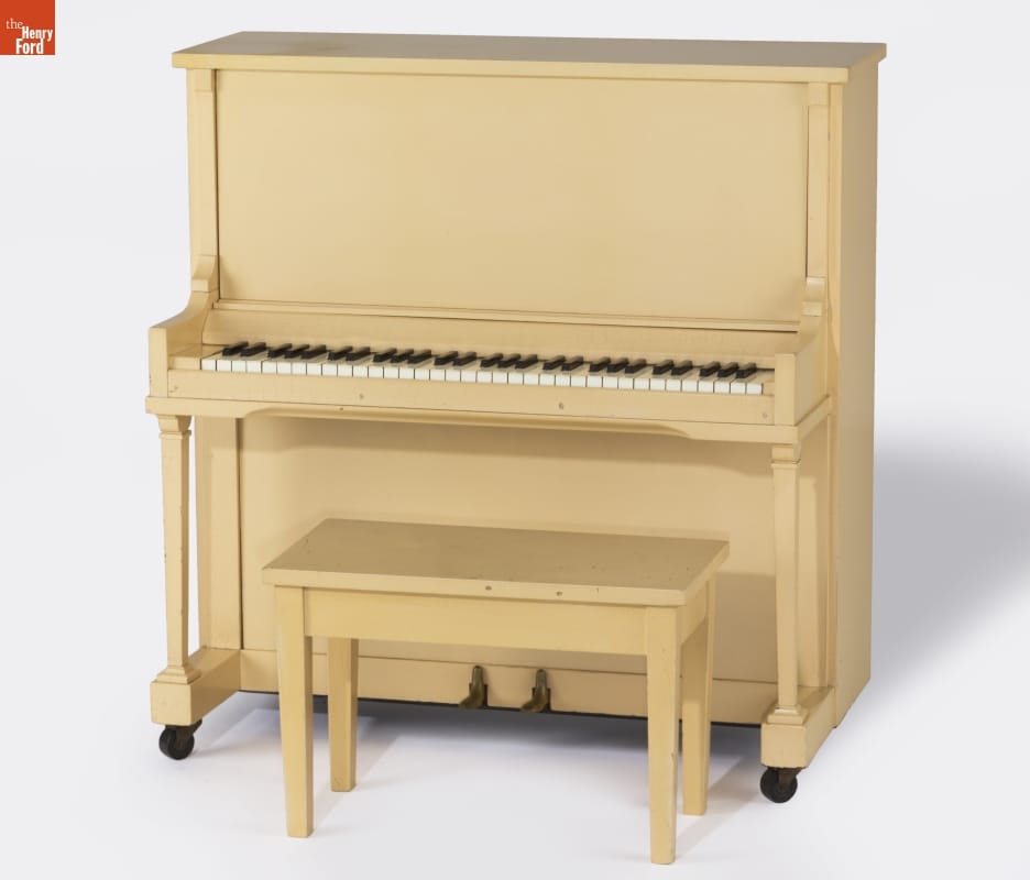 Piano, Used at Club Harlem, Detroit, Michigan, 1934 Beige upright piano and piano bench