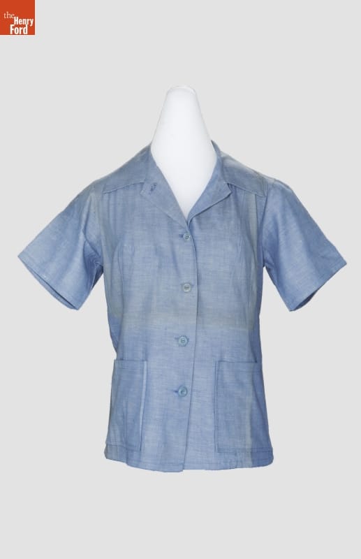 Blouse, Made for Farm or Factory Workers during WWII, circa 1943 Short-sleeved blue button-down shirt