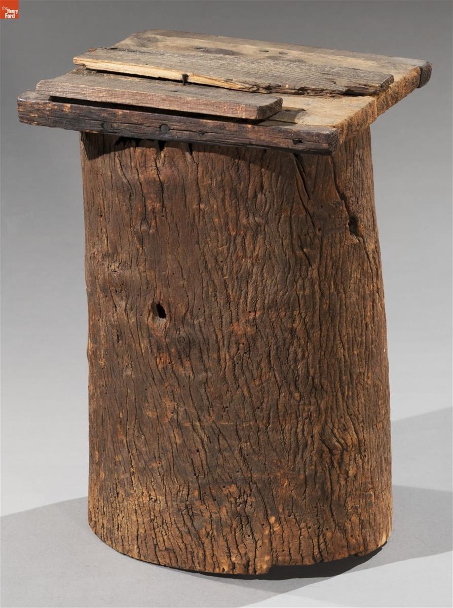 Beehive Created from a Hollow Log, 1850-1900 Wooden stump with rough wooden lid on top